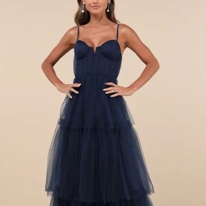 Lulus Unforgettable Poise Navy Blue Tulle Bustier Tiered Maxi Dress